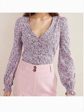 Boden Button Front Top 2 Floral Long Blouson Sleeves V-Neck Jersey Cotton T1114